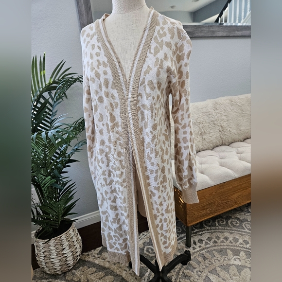 Mesh+Lace- Biege Long Leopard Print Open Sweater Cardigan Sleeve Wmns Sz M NWT - Picture 5 of 9